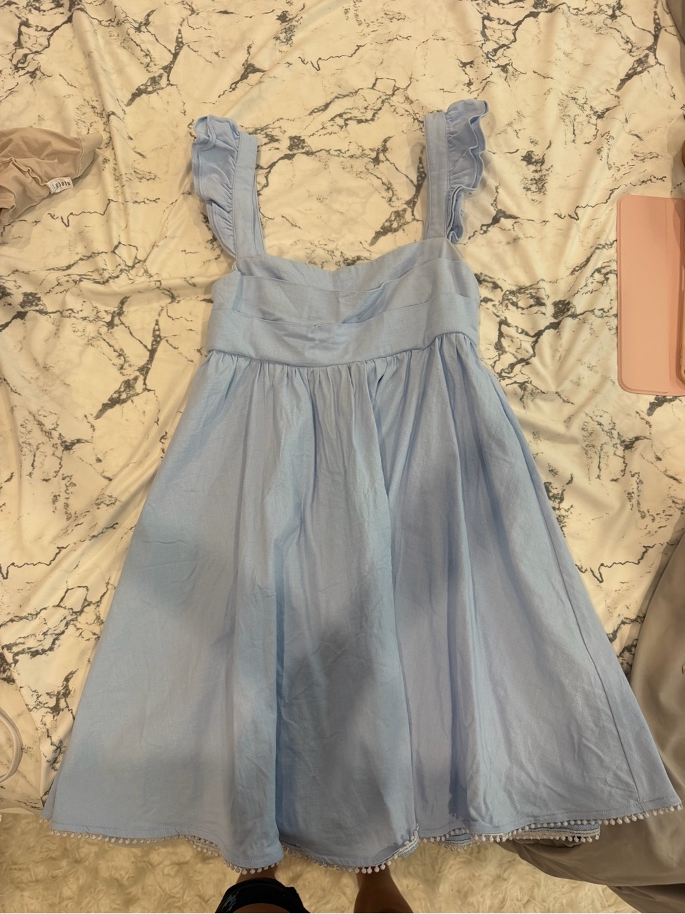 Light Blue hello Molly dress with white detail at bottom